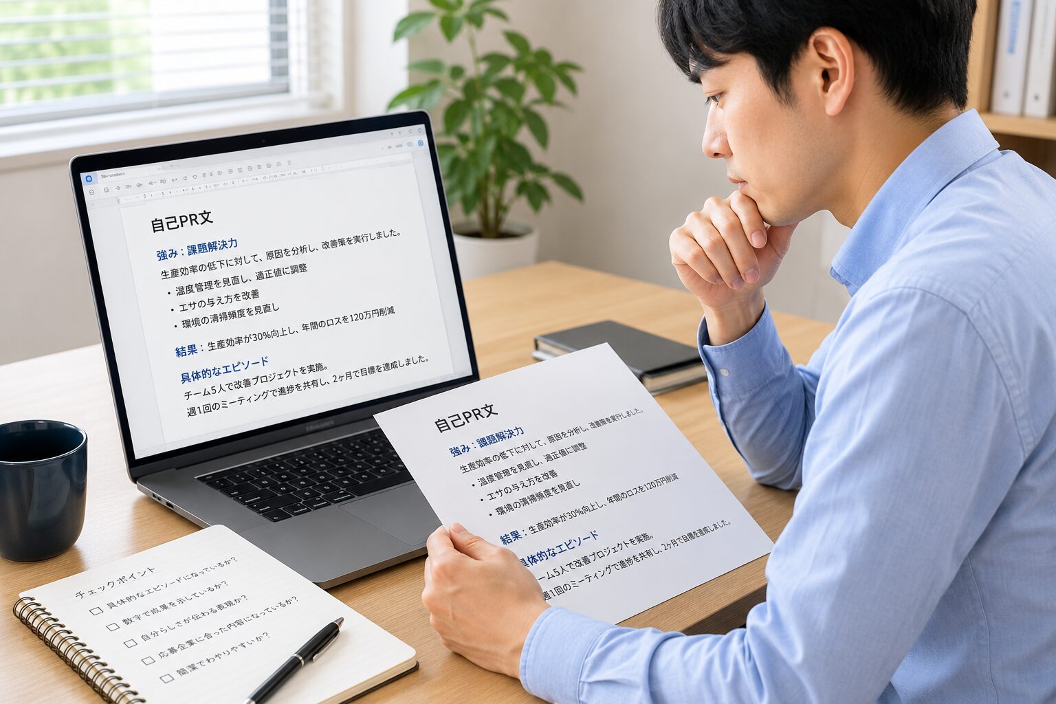 自己PR文を数字と実例で見直すイメージ