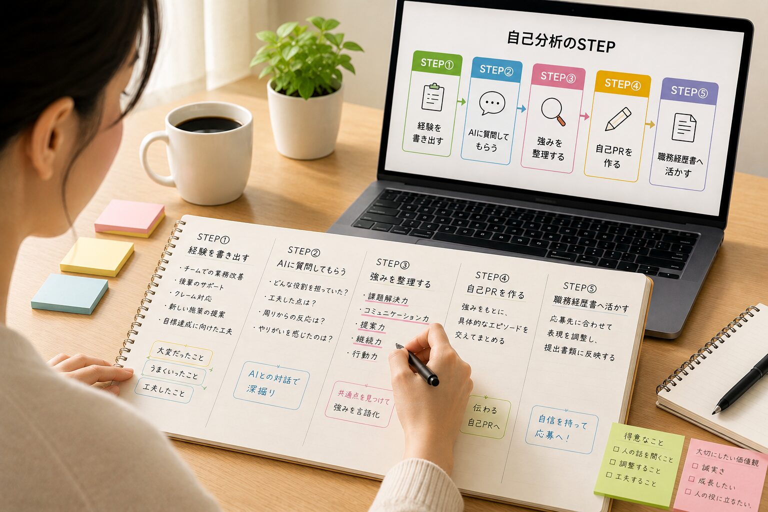 STEPに沿って自己分析メモを整理する様子