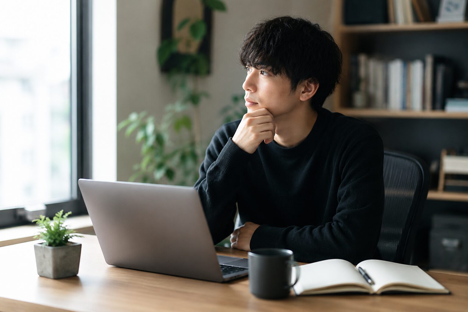 仕事について考え込む会社員