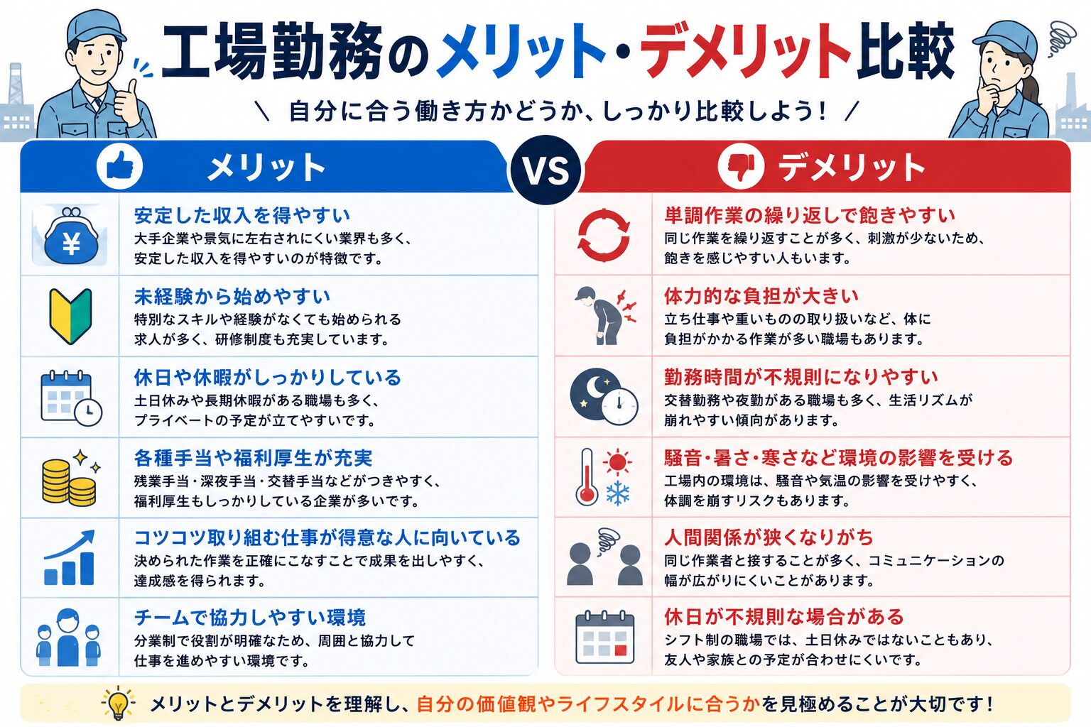 工場勤務のメリット・デメリット比較